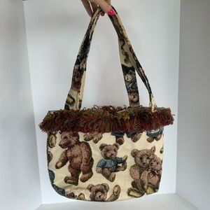 Vintage Woven Teddy Bear Brown Tote Bag Purse
